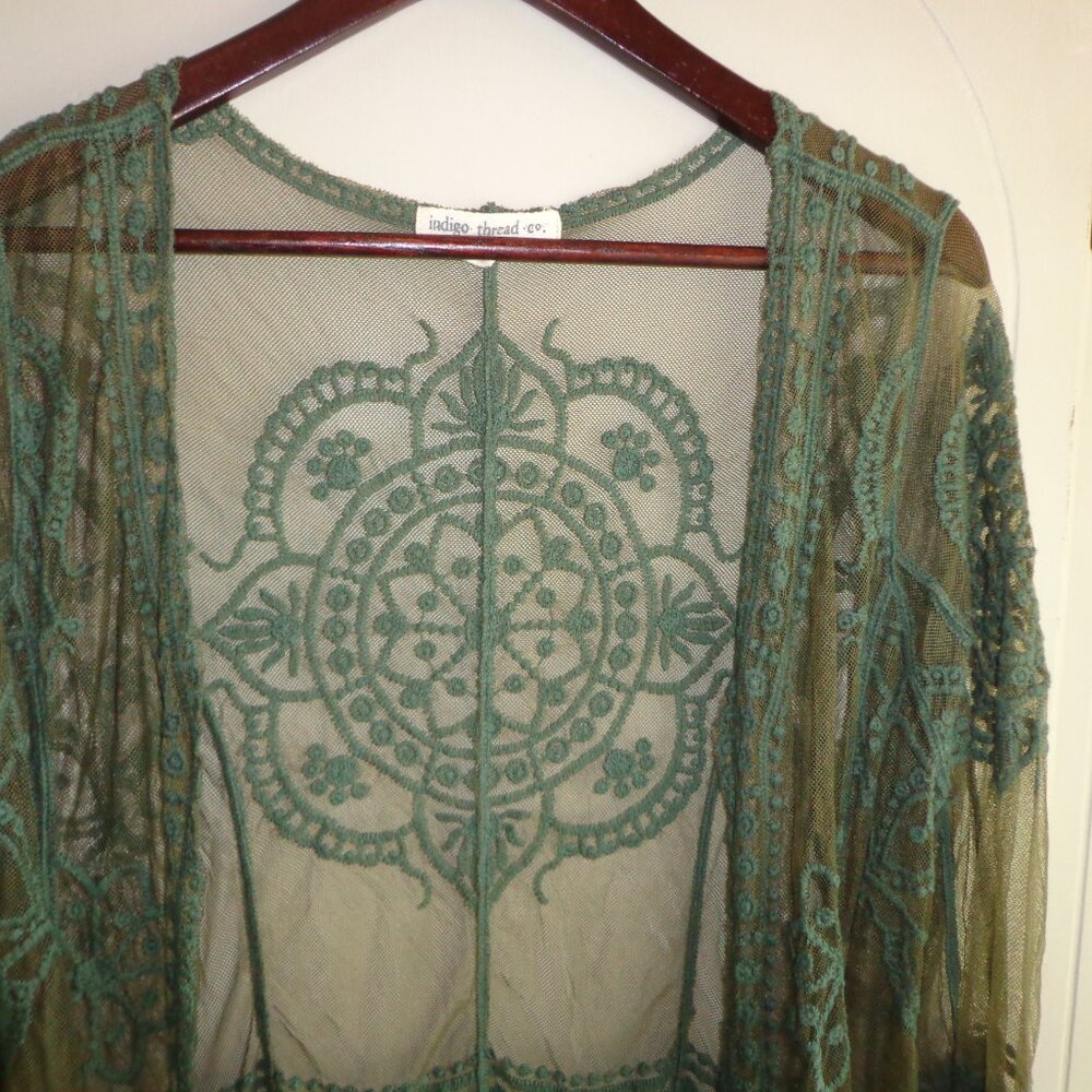 NWOT Indigo Thread Co. Sheer Embroidery Boho Open Duster XS Green  Long Sleeves - Picture 5 of 16